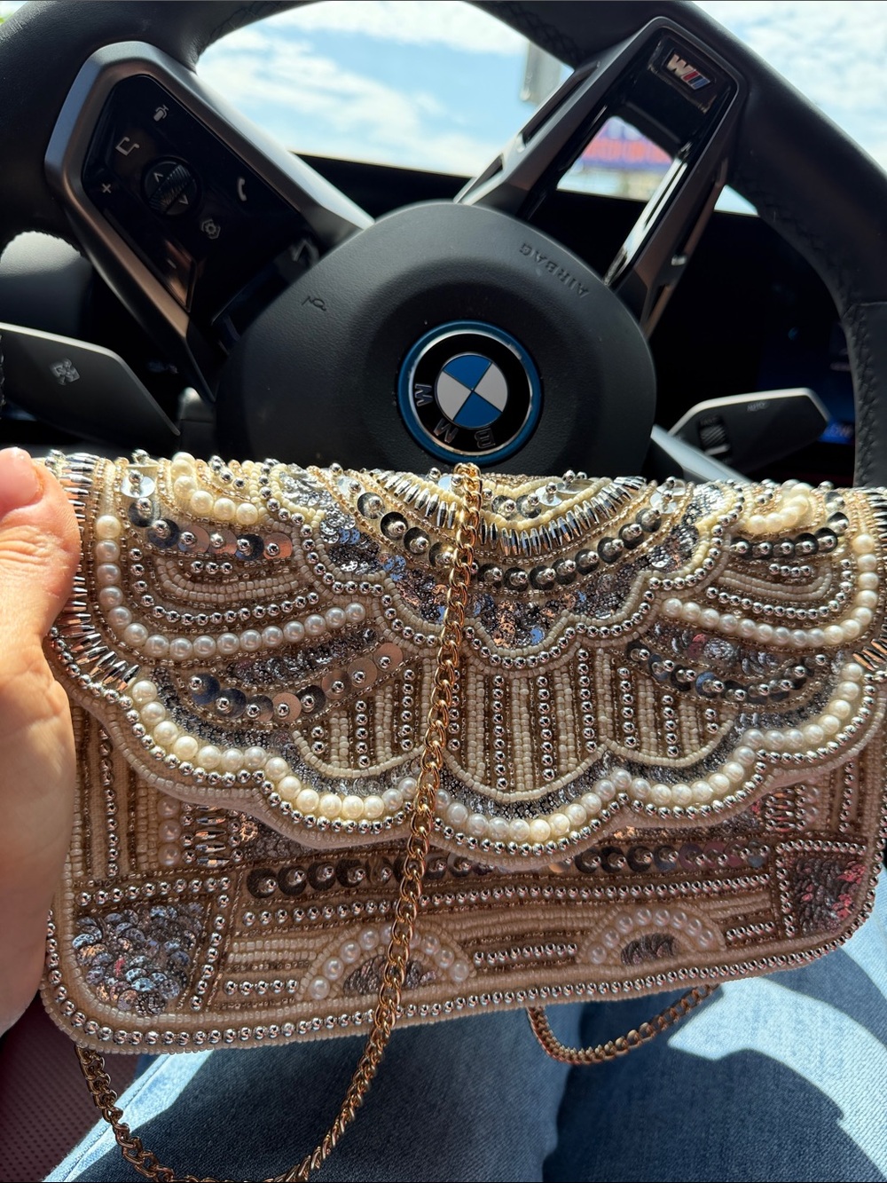 Embellished Pearl & Sequin Evening Clutch - Champagne